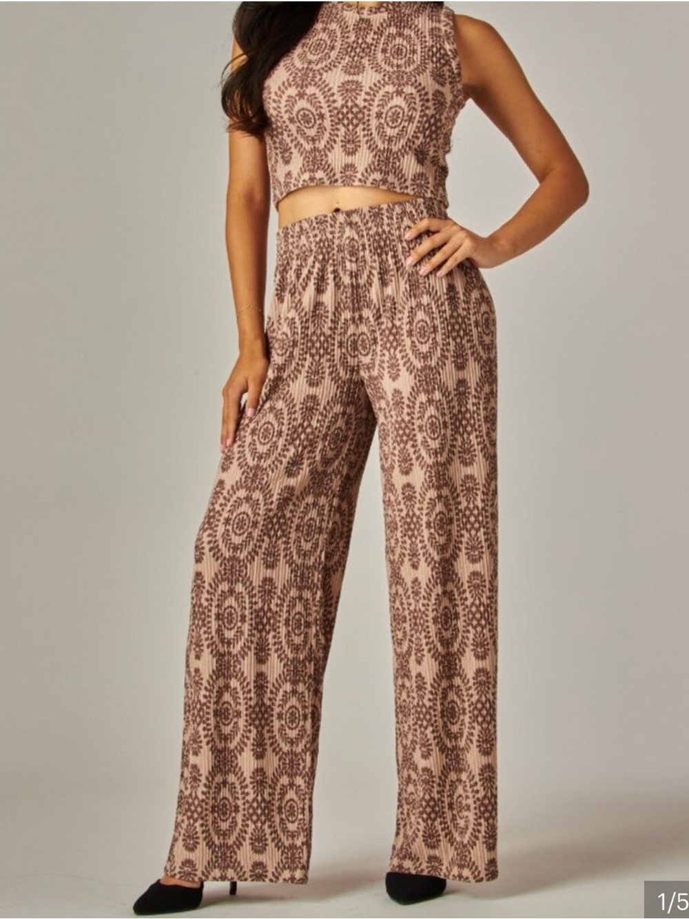 B43 Cream Floral Boho Print Crinkled Crop Top & Wide Leg Pant Set  NEW